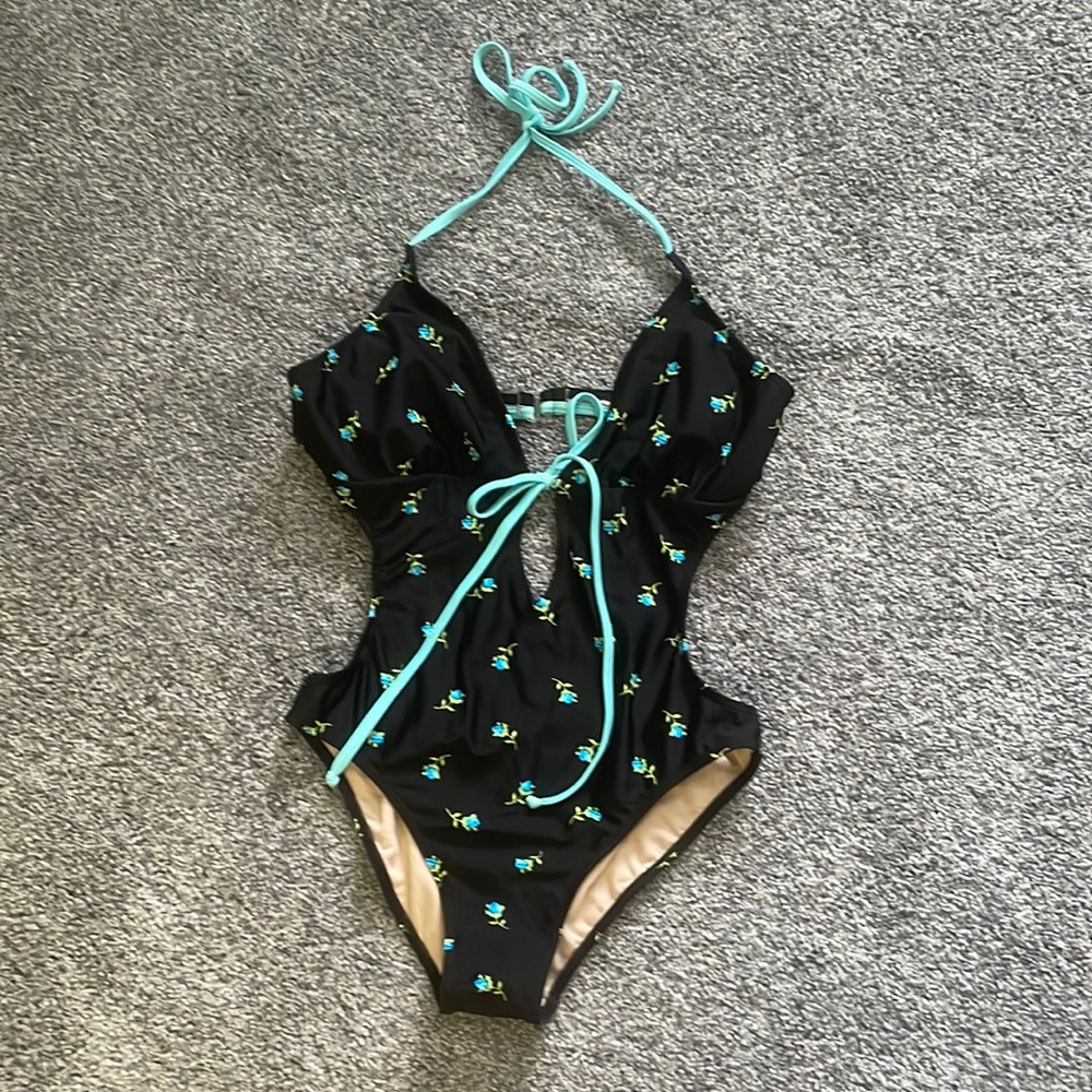 Alloy Black Mint Micro Floral Cutout Plunge Halter Monokini Swimsuit M